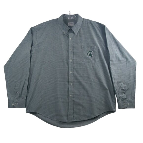 Michigan State Spartans Button Down Shirt Green White Check Men XXL Long Sleeve - Picture 1 of 14